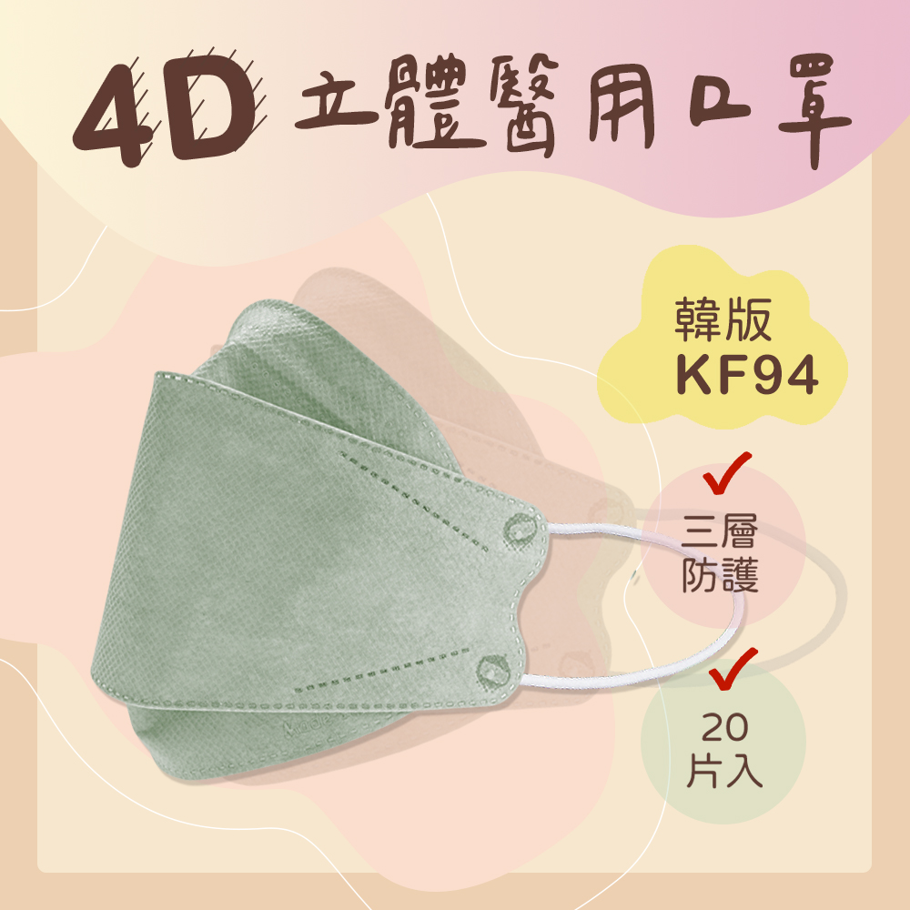【大成】MIT台灣製 4D立體醫用 三層防護 魚形成人口罩 - 豆綠色20入
