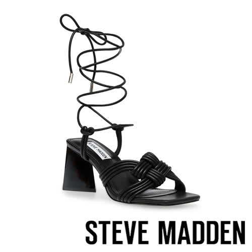 【STEVE MADDEN】MIRAYA 編織方頭粗跟羅馬涼鞋(黑色)