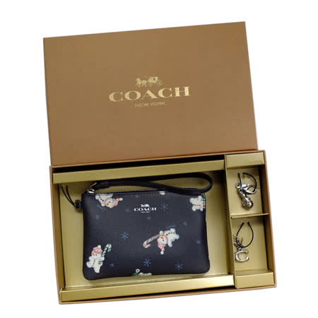 COACH午夜藍雪人圖印立體墜飾L型拉鍊萬用手拿包