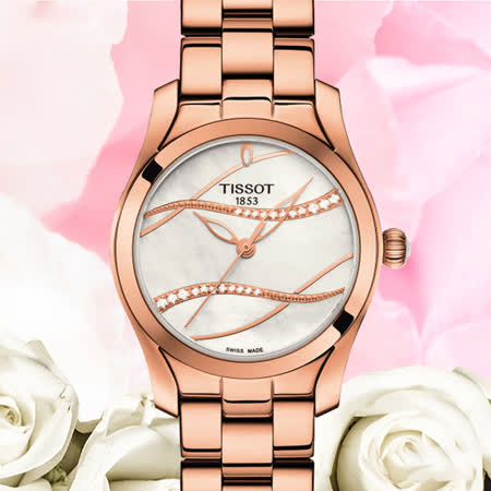 TISSOT天梭 T-WAVE系列 優雅真鑽玫瑰金腕錶 / T1122103311100 / 30mm