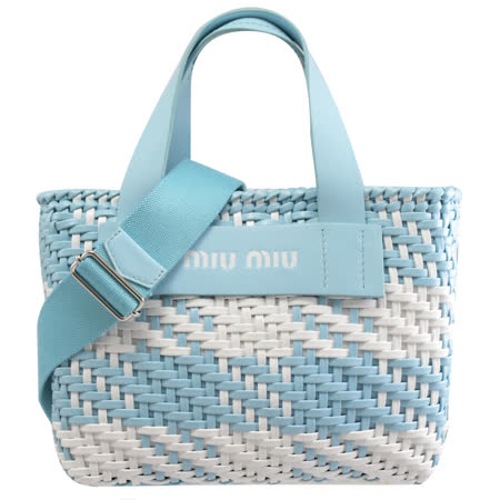 MIU MIU 5BA077 編織小牛皮手提斜背兩用包.淺藍/白