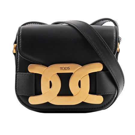 【TOD'S】鏈帶設計Logo 皮革翻蓋迷你斜背包(黑色)
