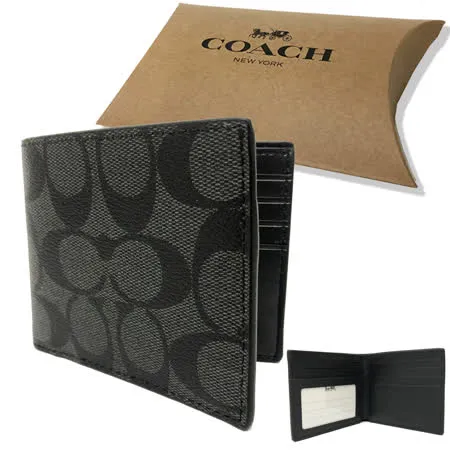 【COACH】C LOGO 6卡照片證件男款短夾禮盒(黑灰)