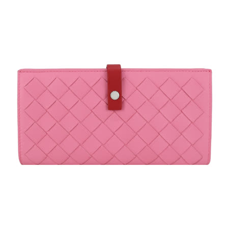 BOTTEGA VENETA經典格編織小羊皮撞色扣式對開長夾(粉X紅)