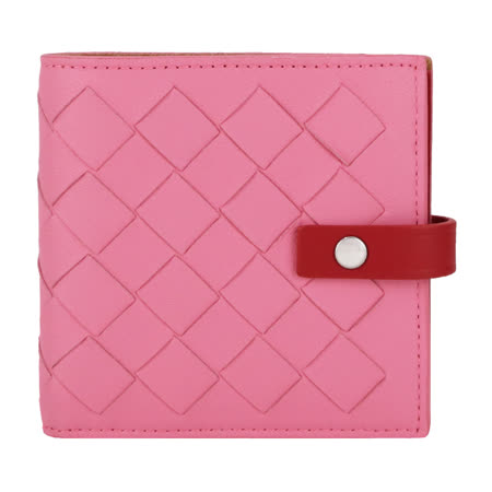 BOTTEGA VENETA經典格紋編織小羊皮拼色扣式短夾(粉X紅)