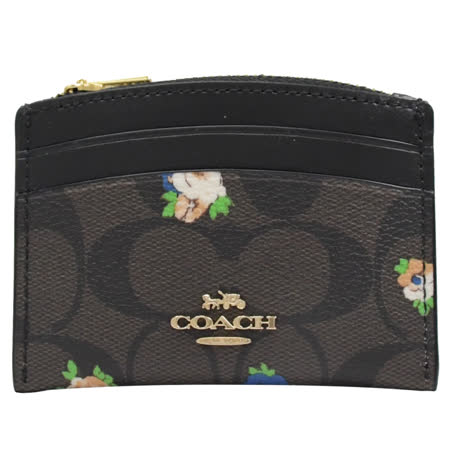 COACH C7386 馬車LOGO玫瑰印花證件零錢包.深咖/黑