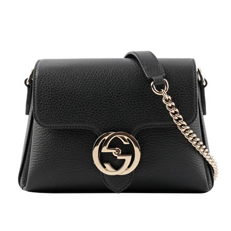 【Gucci】金屬雙G Logo荔枝皮革梯形斜背包(黑色)