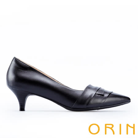 【ORIN】造型斜邊羊皮尖頭中跟鞋(黑色)