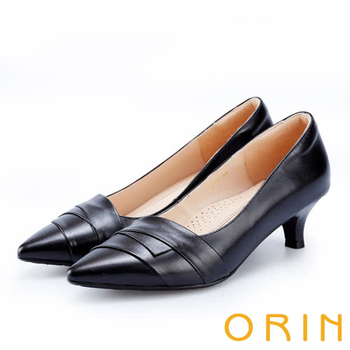 【ORIN】造型斜邊羊皮尖頭中跟鞋(黑色)