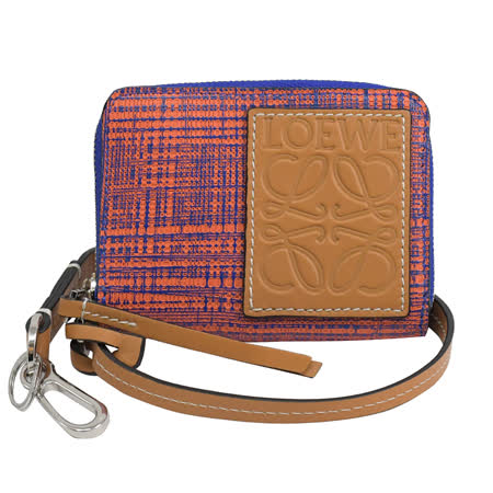 LOEWE 壓印LOGO撞色十字壓紋鑰匙圈卡片零錢包.橘/藍