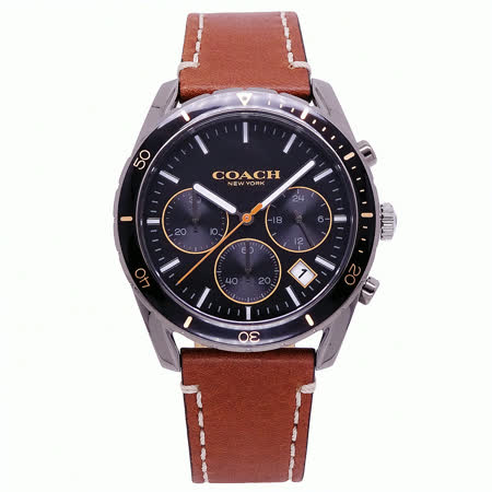 COACH 美國頂尖精品簡約時尚三眼計時皮革腕錶