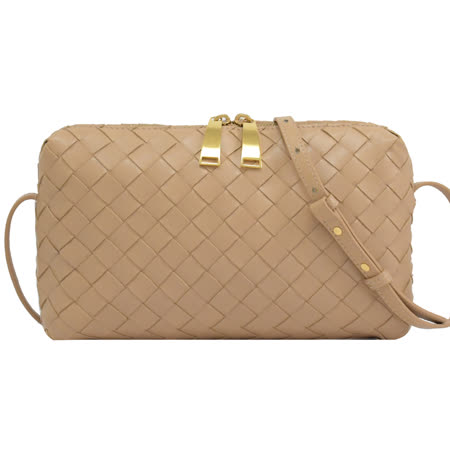 BOTTEGA VENETA 597329 經典編織羊皮拉鍊斜背包.膚色