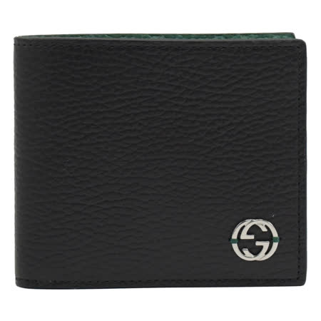 GUCCI 610466 經典雙G LOGO 內裡撞色牛皮4卡零錢短夾.黑/綠
