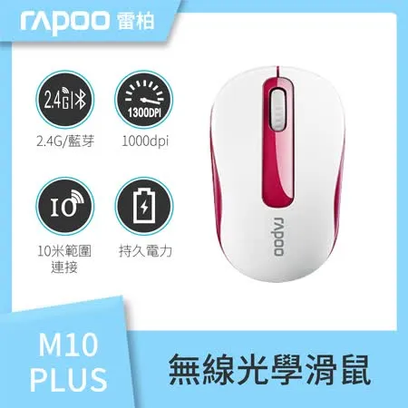 【速達】雷柏RAPOO M10 PLUS無線光學滑鼠(白紅)