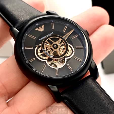 ARMANI42mm圓形黑精鋼錶殼玫瑰金色錶盤真皮皮革深黑色錶帶款AR00001