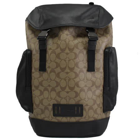 【全新福利品】COACH 89959 滿版LOGO印花皮革拼接抽繩後背包.咖/黑