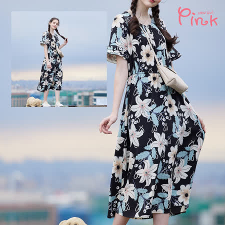 Pink*浪漫優雅雪紡大花卉洋裝 