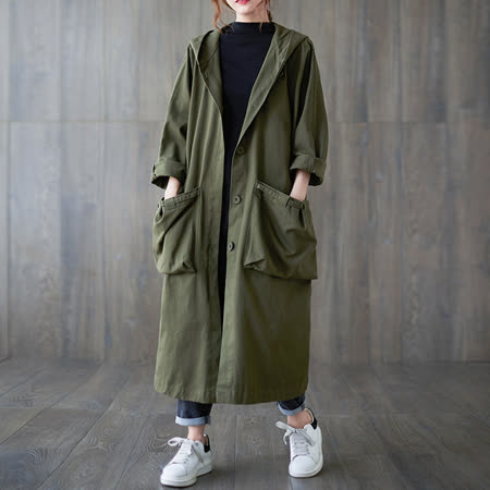【KISSDIAMOND】寬鬆大口袋長版風衣外套(輕薄/設計/百搭/KDC-6951)