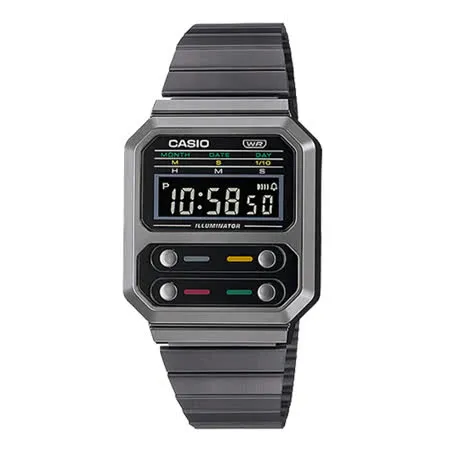 CASIO 卡西歐 電子錶 不鏽鋼錶帶 復古 防水 A100WEGG(A100WEGG-1A)