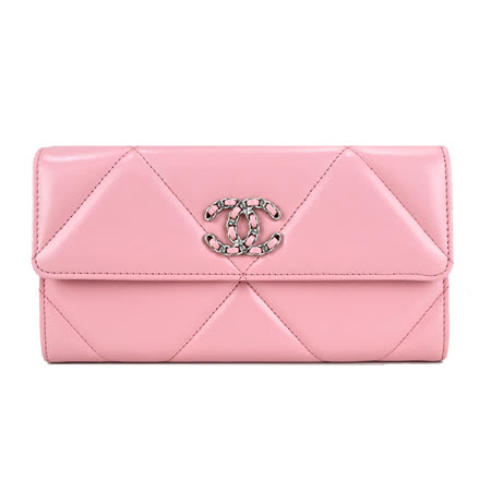 CHANEL 19系列經典金屬LOGO菱紋小羊皮翻蓋長夾(粉色)