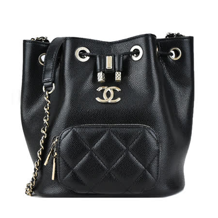 CHANEL經典LOGO小牛皮鏈帶束口肩背/水桶包(黑色)