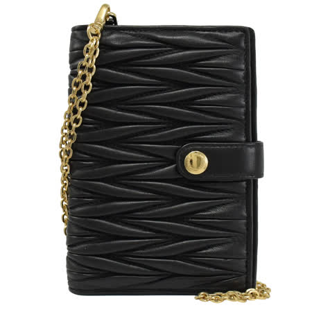 MIU MIU 5MV017 抓皺小羊皮頸掛式釦式護照夾.黑