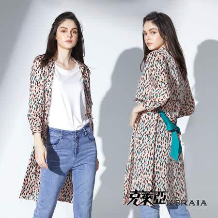 【KERAIA 克萊亞】撞色感豹紋印花長版外套