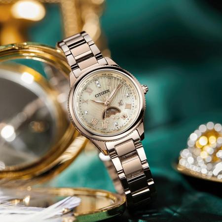 CITIZEN 星辰 XC 櫻吹雪限定 鈦 日月顯示光動能電波女錶(EE1006-51W)