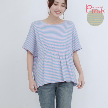 Pink
條紋彈性抓腰短袖上衣