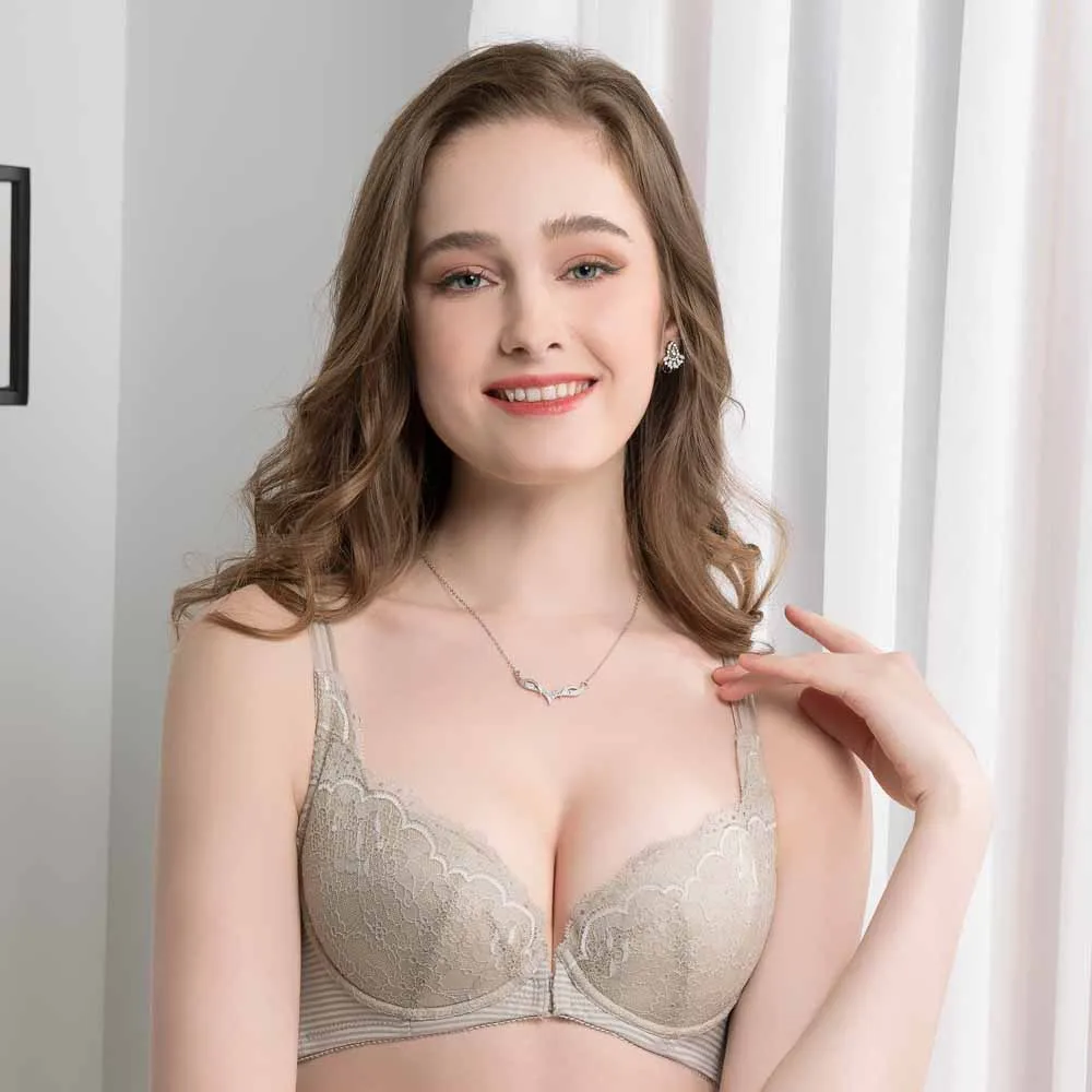 【思薇爾】沁涼Bra系列B-D罩軟鋼圈前扣式蕾絲包覆女內衣(沙色綠)