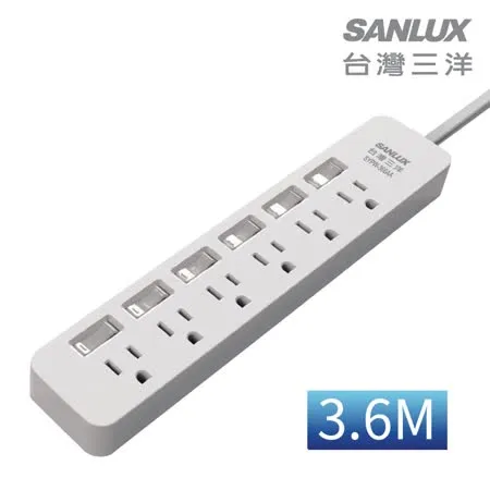 SANLUX台灣三洋 轉接電源線-3孔6座6切插座 3.6M SYPW-366CA