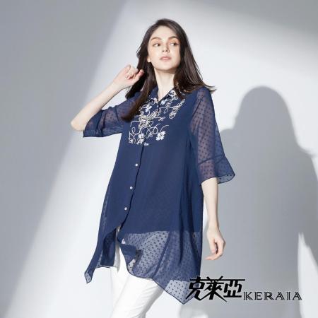【KERAIA 克萊亞】寂夜野薔薇繡花長雪紡襯衫