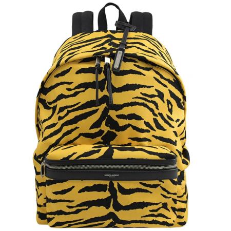 YSL 534967 滿版虎紋印花帆布休閒雙肩後背包.黃/黑