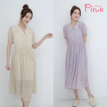 【Pink*】滿版小花細百褶翻領短袖長洋裝(2色) I5104RD