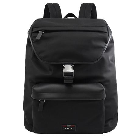 BALLY 6236415 BENSON 浮雕LOGO尼龍翻蓋束口後背包.黑