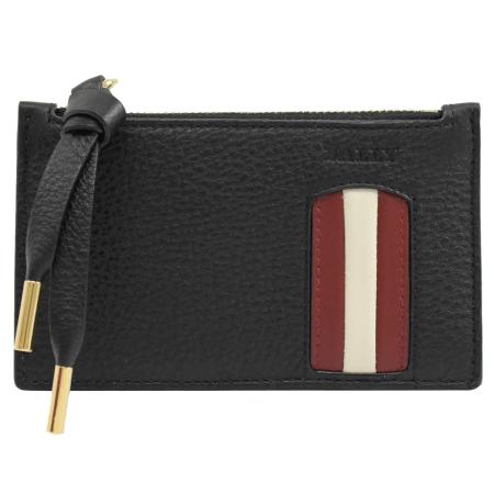 BALLY 6232966 MANDHY 品牌條紋牛皮拼接5卡零錢包.黑