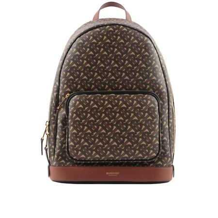 【BURBERRY】Monogram 環保帆布拼牛皮後背包(馬勒棕)