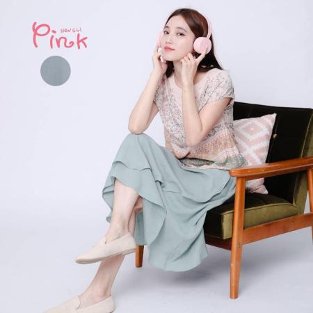 Pink
簡約涼感荷葉層次中長裙(灰藍)