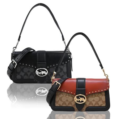 COACH 圓框馬車LOGO鉚釘皮革拼接PVC手提/斜背兩用酒神包(多色選)