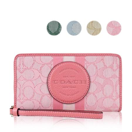 COACH 
皮革拼接緹花織布長夾