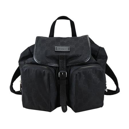 GUCCI 經典GG印花尼龍雙口袋束口後背包(黑色)