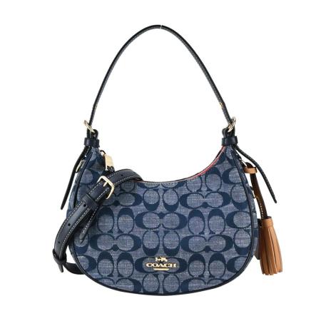 COACH 
立體馬車LOGO緹花織布彎月兩用包(單寧藍)