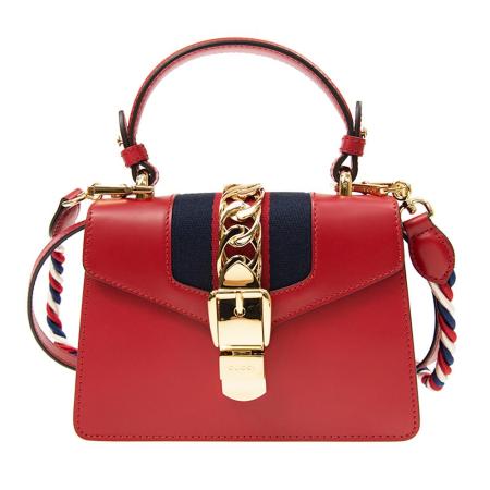 GUCCI 新款Sylvie系列紅綠織帶牛皮鏈帶迷你翻蓋斜背包(紅色)