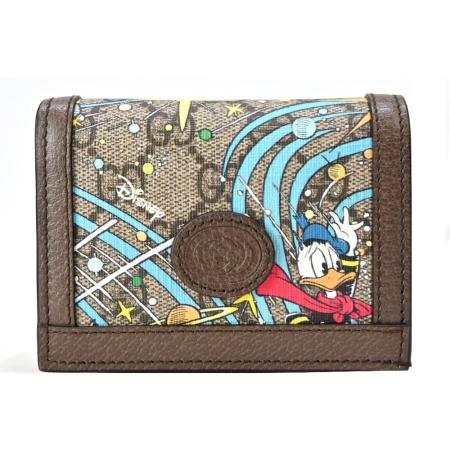 GUCCI Disney x Gucci聯名唐老鴨印花 GG Supreme翻蓋零錢短夾(卡其)