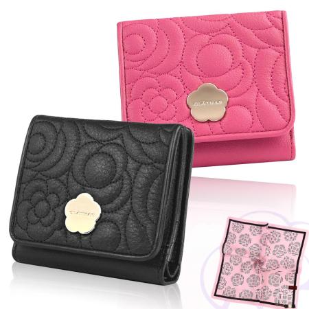 CLATHAS 山茶花縫線圖案金屬花朵釦式零錢短夾(2色)