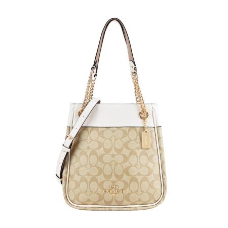 COACH 立體馬車LOGO PVC鏈帶皮革肩背/斜背兩用水桶包(卡其X白)