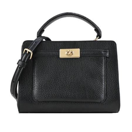 COACH 新款轉扣前口袋荔枝紋牛皮拼接蛇紋提把手提/斜背兩用包(迷你/黑)