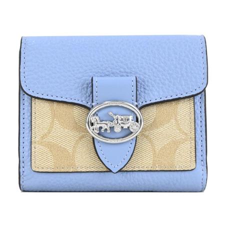 COACH 圓框馬車LOGO牛皮拼接PVC短夾(卡其大理石藍)