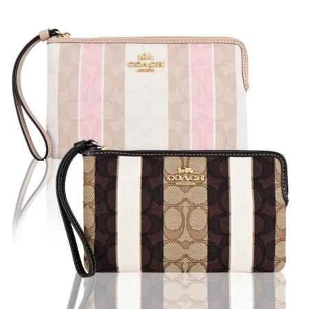 COACH 
撞色直條紋緹花C手拿包(大/多色選)