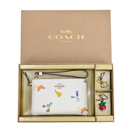 COACH 
C LOGO壓紋雙吊飾手拿包禮盒組(白)